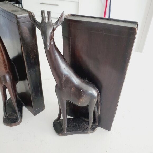Ebony African Hand Carved Giraffe Bookends Vintage 1970 Rare Traditional Tribal - Picture 3 of 8